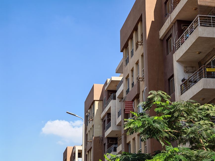 Urban apartment building against a bright blue sky with foliage in the foreground